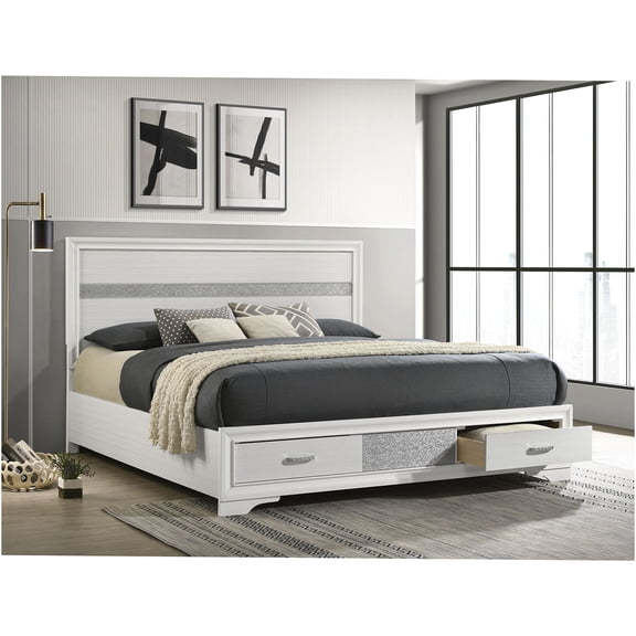 JERFIT White Eastern King Size Storage Bed with Drawers, Upholstered Platform Bed Frame with Rhinestone Pulls and Sparkling Foil Headboard, No Box Spring Needed, Wooden Slat Support