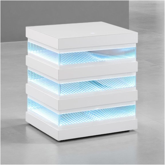 JERFIT White Engineered Wood End Table with LED Lighting, Built-In Bluetooth Speakers and Wireless Charging Port for Living Room