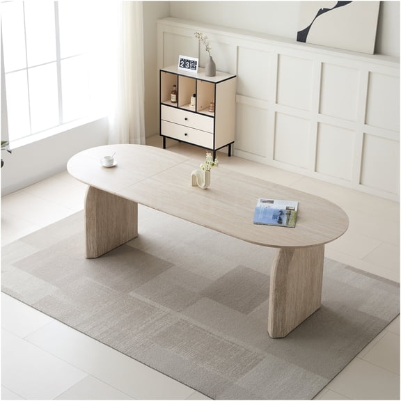 JERFIT Off White Extendable Oval Dining Table, Modern Expandable Kitchen Table with Dual Pillar Legs for 8, Space Saving MDF Board for Dining Room & Living Room