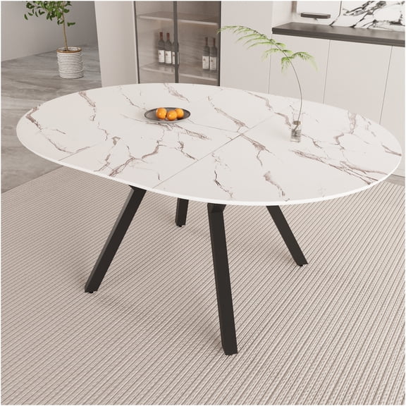 JERFIT White Extendable Round Dining Table for 4-6 People, Modern Kitchen Table with Metal Legs, Space-Saving Expandable Coffee Table