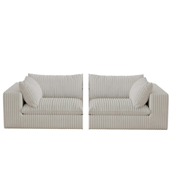 JERFIT White Fabric 2-Seater Sofa with Feather Cushion, Modular Sectional Loveseat for Living Room, High Density Sponge Support, Space Saving Design