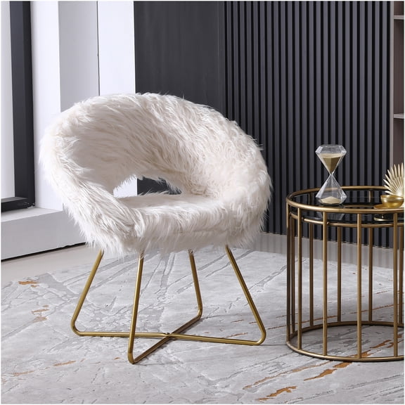 JERFIT White Faux Fur Accent Chair, Modern Glam Barrel Chair with Gold Sled Base for Living Room Bedroom