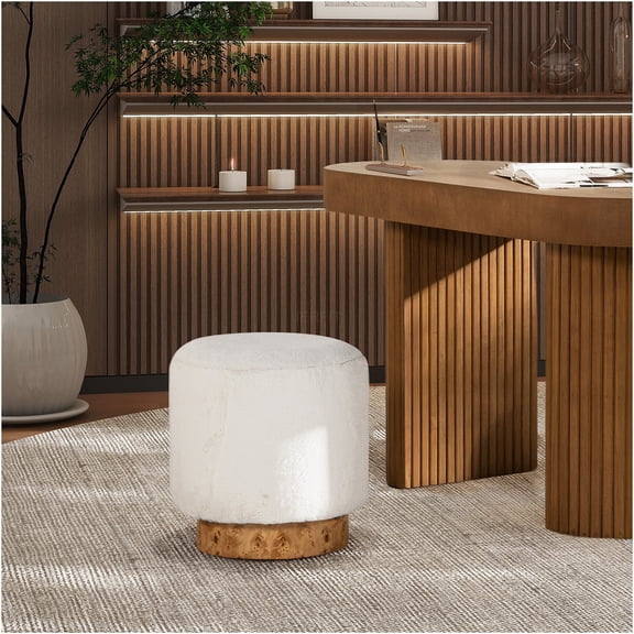 JERFIT White Faux Fur Ottoman Pouf, Round Foot Rest Stool with Burl Wood Base for Living Room, Bedroom Accent Decor