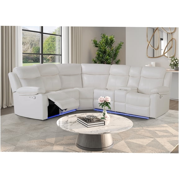 JERFIT White Faux Leather Right Arm Facing Reclining Sectional Sofa with Console, Manual Recliner, Pillow Top Arms for Living Room
