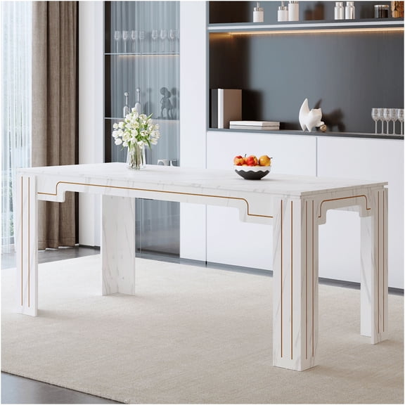 JERFIT White Faux Marble Dining Table for 6-8 People, Modern Kitchen Table with Grooved Legs, Waterproof MDF Desk for Dining Room, Living Room