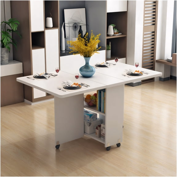 JERFIT White Folding Drop Leaf Table with Wheels and Storage Shelf, Space Saving Kitchen Cart Desk for Small Apartment, Mobile Serving Table