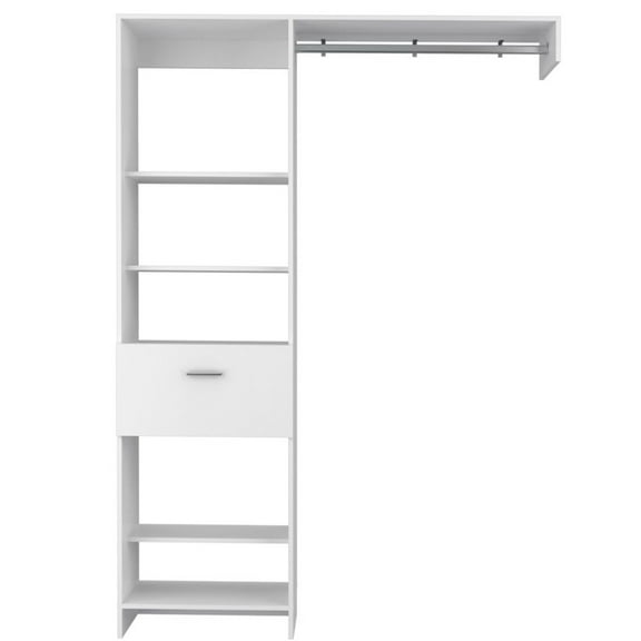 JERFIT White Freestanding Closet Organizer with Drawer, Open Shelves and Hanging Rod for Bedroom, Walk-in & Reach-in Closet Storage System