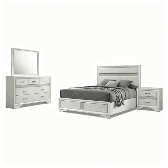 JERFIT White Full Bedroom Set, 4-Piece Upholstered Glam Bed with Dresser, Mirror & Nightstand, Modern Sparkle Accent Furniture