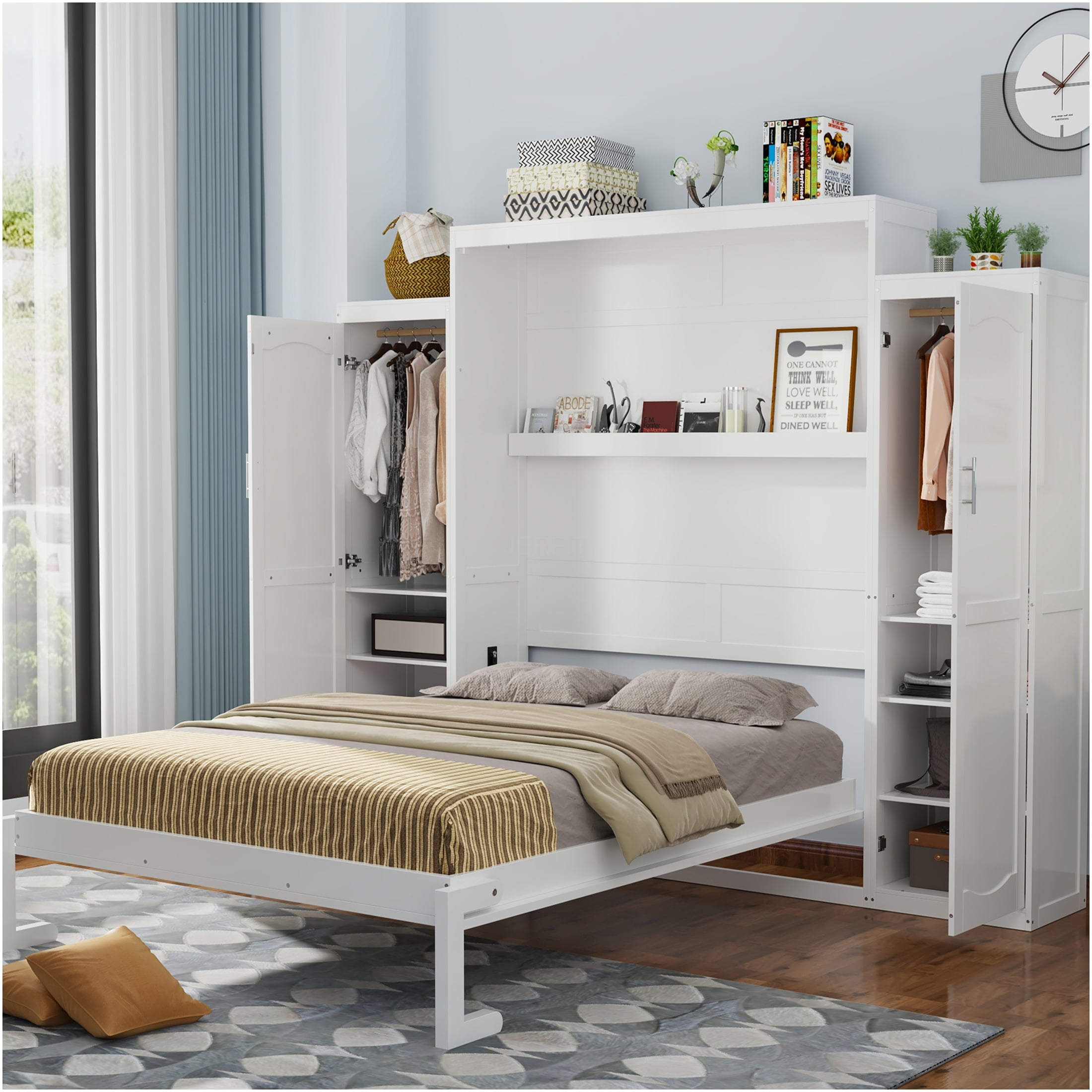 Photo inspiration: Fresh Look at Jerfit White Full Murphy Bed With 2 Wardrobes Storage Shelf