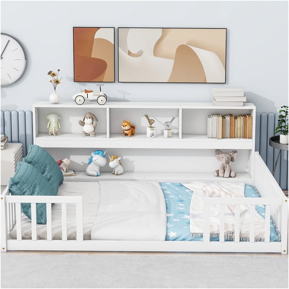 JERFIT White Full Size Floor Bed Frame with Built-in Bookshelf, Safety Guardrails Storage Shelves, Modern Low Profile Platform Bed for Space Saving