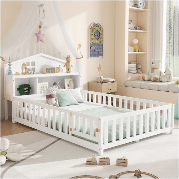 JERFIT White Full Size Floor Bed with Bookshelf Chalkboard, Low Profile Platform Bed Frame with Safety Rails and Storage Headboard