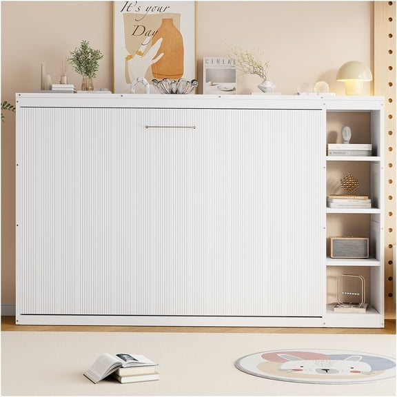 JERFIT White Full Size Murphy Bed Wall Mounted with Bookshelf, Space Saving Cabinet Bed with Storage for Guest Room, Home Office