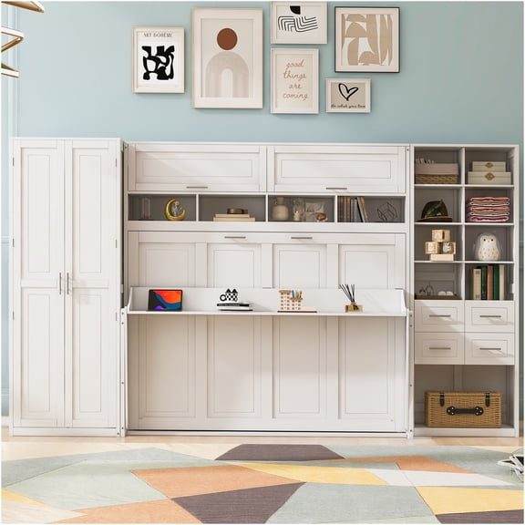 JERFIT White Full Size Murphy Bed with Built-In Closet, Storage Drawers Shelves, Space Saving Wall Bed Unit