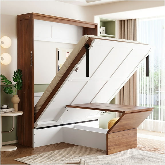 JERFIT White Full Size Murphy Bed with Desk, Space Saving Wall Bed, Modern Folding Bed with Built-In Workstation for Small Spaces
