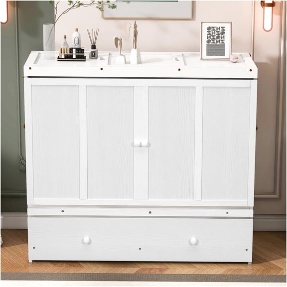 JERFIT White Full Size Murphy Bed with USB Charging, Large Storage Drawer, Space Saving Wall Bed Cabinet