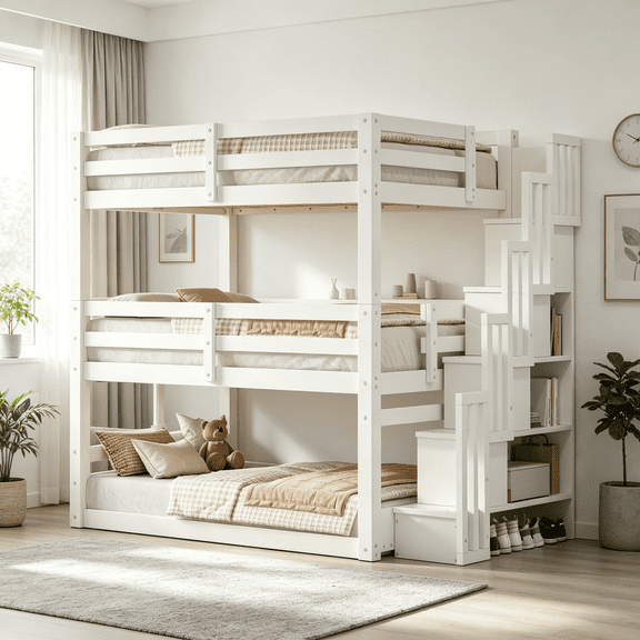 JERFIT White Full Size Triple Bunk Bed with Storage Stairs, Convertible Separate Design, Pine Wood and MDF