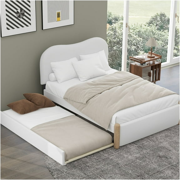JERFIT White Full Upholstered Platform Bed with Pull-Out Trundle, Storage Space Saver, No Box Spring Needed, Modern Bedroom Furniture