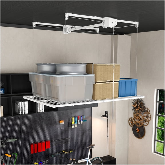 JERFIT White Iron Overhead Storage Display Rack 4x8 FT for 10-12 FT Ceilings with Crank Adjust Function and Safety Lock