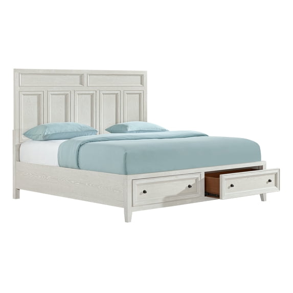 JERFIT White King Size Bed with Storage Drawers, Wood Panel Platform Bed Frame with Upholstered Headboard
