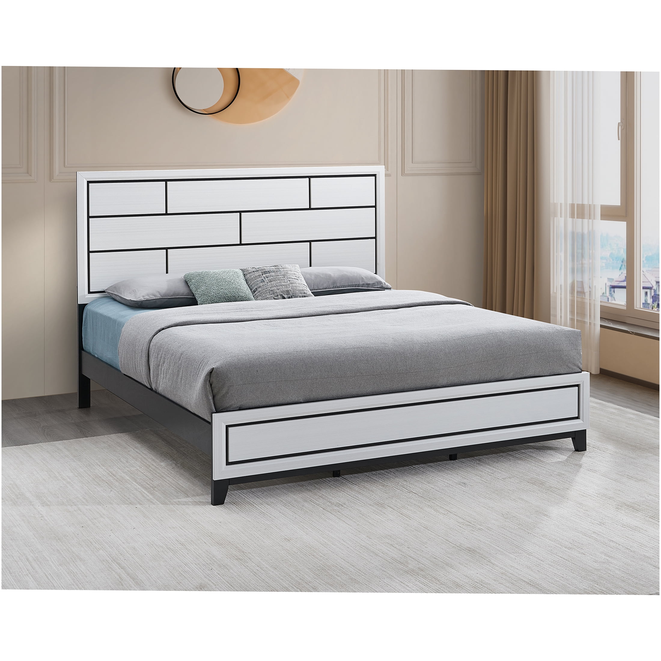 JERFIT White King Size Panel Bed with Wood Frame, Modern Platform Bedroom Furniture for Master Bedroom
