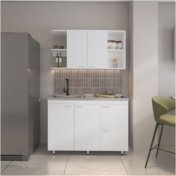 JERFIT White Kitchen Cabinet Set with Sink, Wall and Base Storage Unit, 6 Doors and 9 Adjustable Shelves for Modern Kitchen
