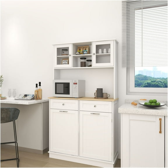 JERFIT White Kitchen Storage Cabinet with Tilt-Out Trash Bin, 3 Adjustable Shelves & 2 Drawers, Freestanding Pantry Organizer for Dining Room & Living Area