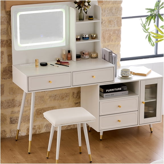 JERFIT White LED Makeup Vanity Desk with Power Outlet, Adjustable Lighted Mirror, Retractable Dressing Table with Drawers, Storage Cabinet & Stool for Bedroom