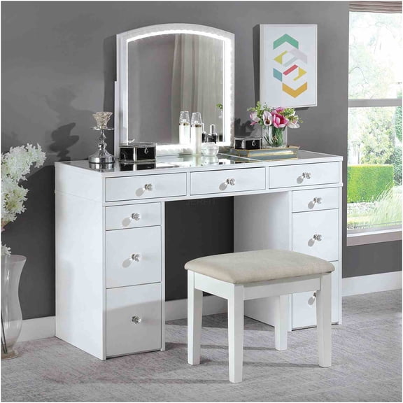 JERFIT White LED Vanity Set with Mirror, 5 Drawers & Stool, Modern Dressing Table for Bedroom