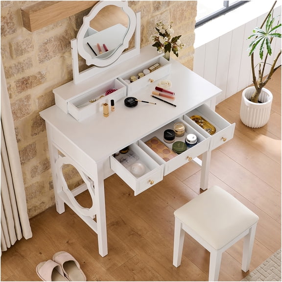 JERFIT White Makeup Vanity Table Set with Stool, 5-Drawer Compact Dressing Desk with Swivel Mirror, Space-Saving Beauty Station for Bedroom