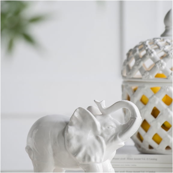 JERFIT White Marble Elephant Statue, Elegant Trumpeting Elephant Decor for Home Office Desk, Modern Animal Sculpture Accent Piece