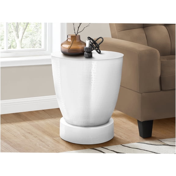 JERFIT White Metal Drum Accent Table, Modern Round Side Table for Living Room, End Table Nightstand with Boho Glam Style