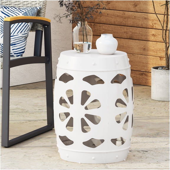 JERFIT White Metal End Table with Floral Iron Cut Design, 16.5 inch Small Accent Table for Living Room, No Assembly Required
