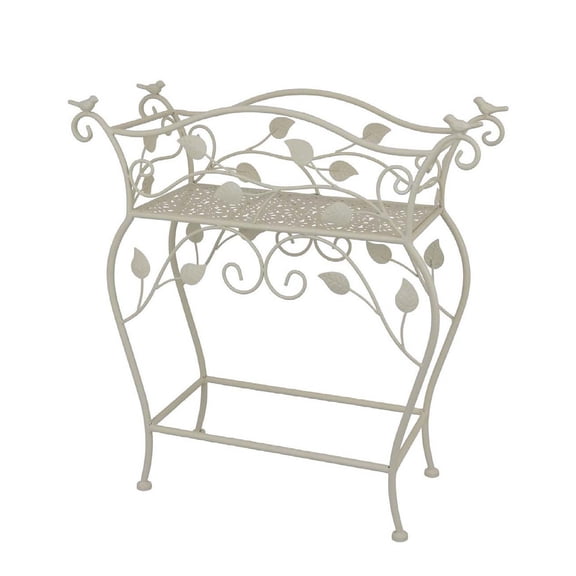 JERFIT White Metal Plant Stand Table with Scrollwork & Bird Decor, Vintage Indoor Outdoor Garden Accent Plant Holder