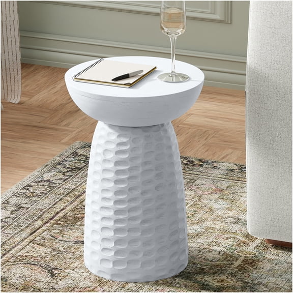 JERFIT White Modern Accent Table, 13 inch Small Side Table for Living Room, Bedroom, Solid Mango Wood Plant Stand with Carved Details