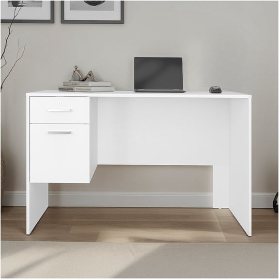 JERFIT White Modern Home Office Desk with Lockable Drawer, Engineered Wood Writing Desk for Study, Workstation, Computer Laptop Table