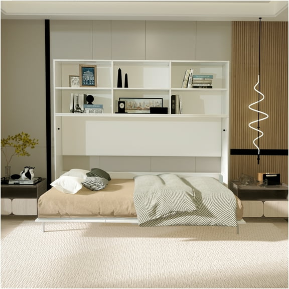JERFIT White Modern Horizontal Murphy Bed with Bookshelf, Twin Size Wall Bed, Space Saving Foldable Bed for Bedroom, Guest Room