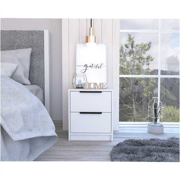 JERFIT White Modern Nightstand with 2 Drawers, 19 Inch Tall Bedside Table for Bedroom, Particle Board Storage End Table with Metal Pulls