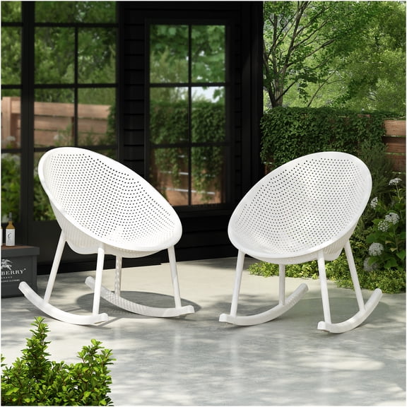 JERFIT White Modern Outdoor Rocking Chairs, Set of 2 All-Weather Plastic Patio Rockers for Porch, Garden, Deck