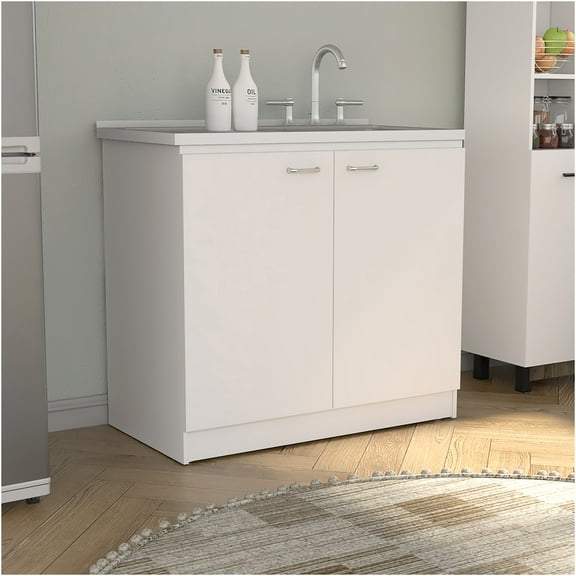 JERFIT White Modern Utility Sink Cabinet with Stainless Steel Top, Double Door Storage & Shelf for Kitchen, Laundry, Basement