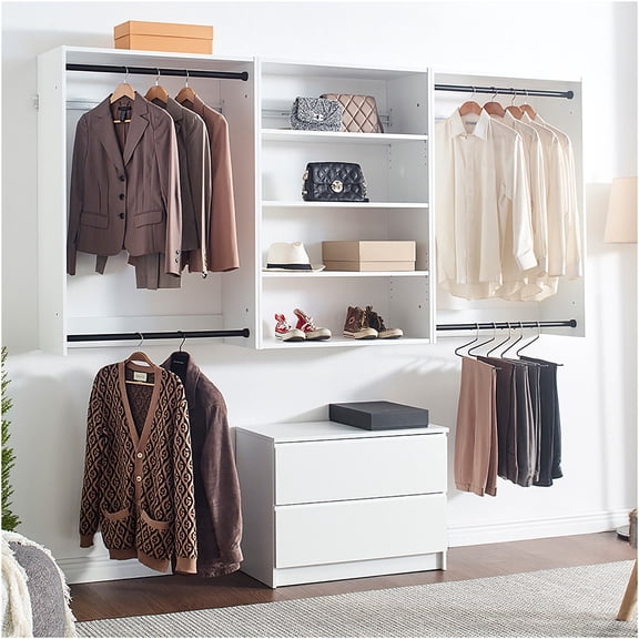 JERFIT White Modern Wall Mounted Closet Organizer System, Wood Modular Wardrobe Storage Cabinet with Shelves