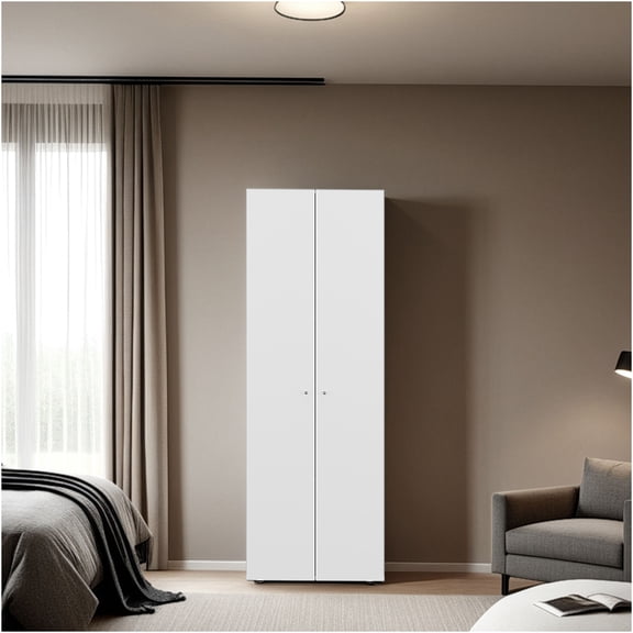 JERFIT White Modern Wardrobe Cabinet with Hanging Rod, 4 Adjustable Shelves for Bedroom Closet Storage Organization