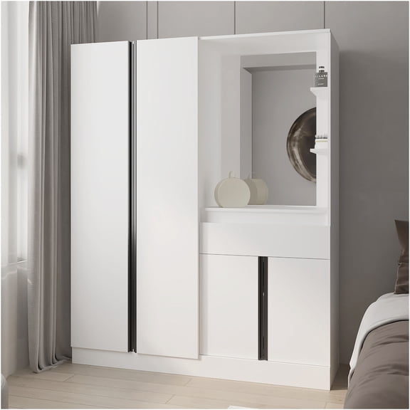 JERFIT White Modern Wardrobe with Vanity Mirror, Multi-Functional Storage Closet Organizer for Bedroom