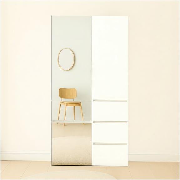 JERFIT White Modular Closet System with Mirror, Customizable Wardrobe Organizer with Hanging Rods and Shelves for Bedroom