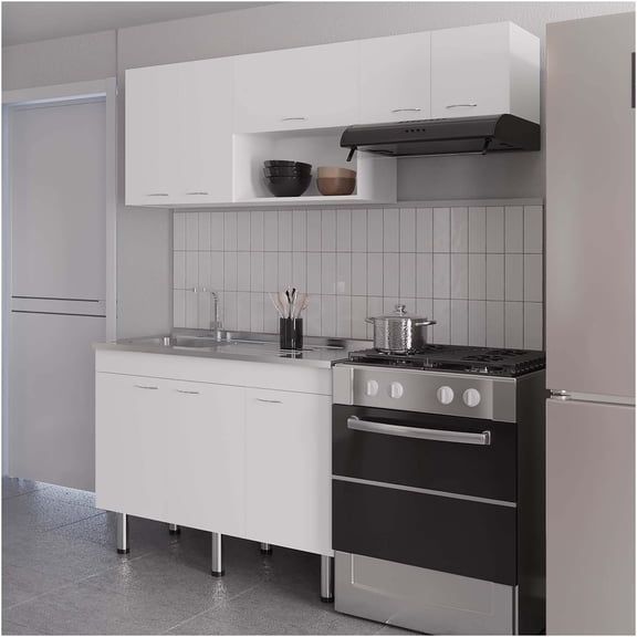 JERFIT White Modular Kitchen Cabinet Set with Storage, Modern Freestanding Kitchen Organizer for Small Space, Particle Board & Melamine Finish