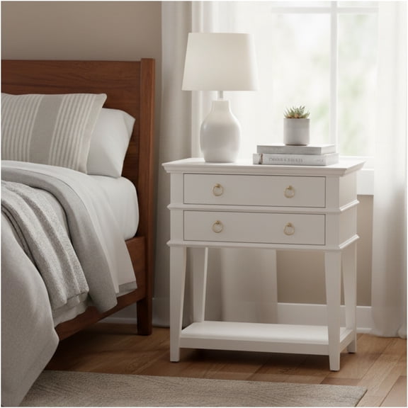 JERFIT White Nightstand with 2 Drawers, Tray Top End Table with Open Shelf, Bedside Table with Gold Pulls for Bedroom