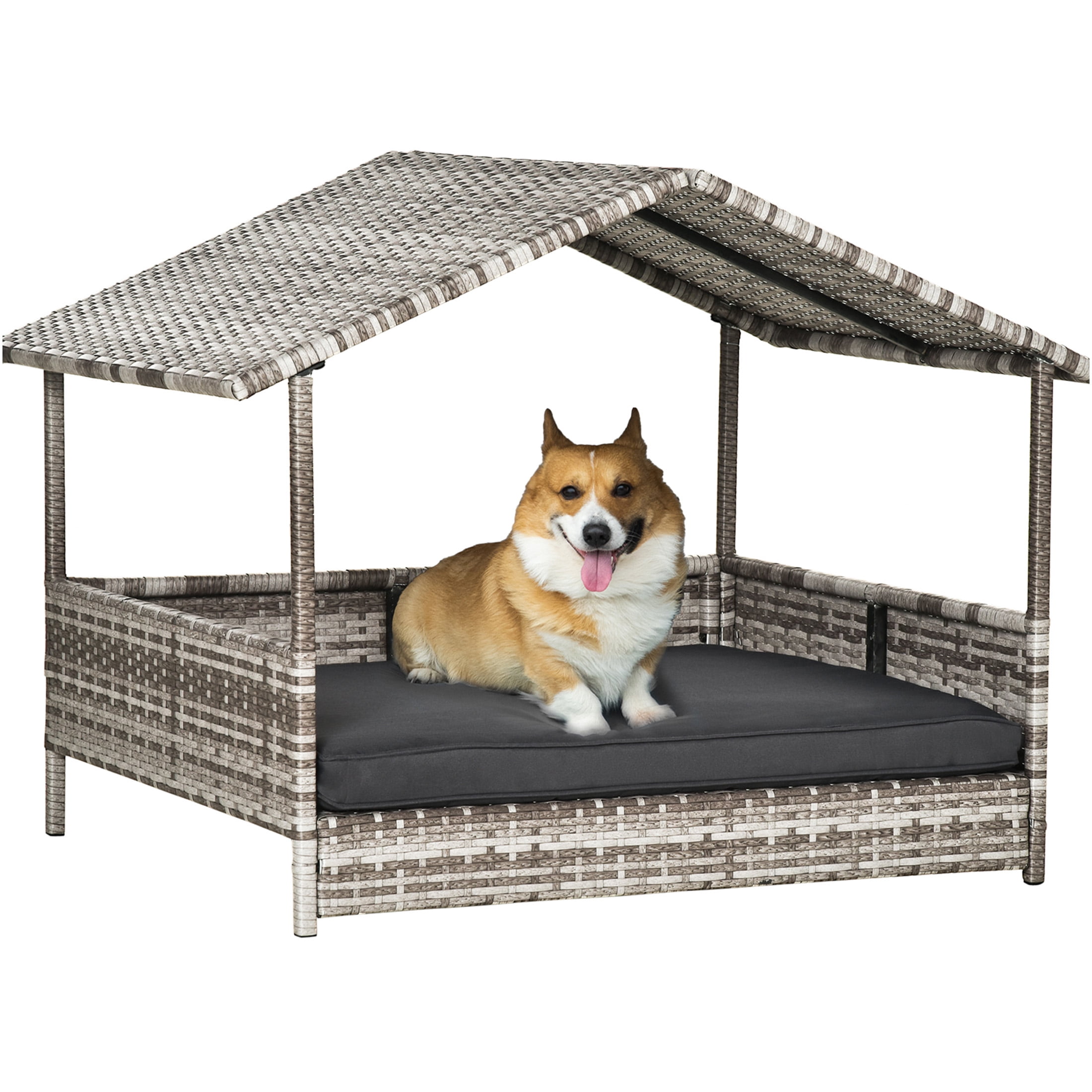JERFIT White Outdoor Dog House with Canopy, Elevated PE Rattan Pet Bed with Removable Cushion for Small Medium Dogs