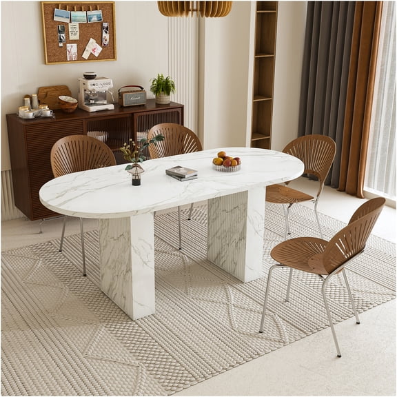 JERFIT White Oval Dining Table for 6, Modern Farmhouse Kitchen Table with Marble Top and Wood Metal Base, Waterproof Scratch-Resistant Surface
