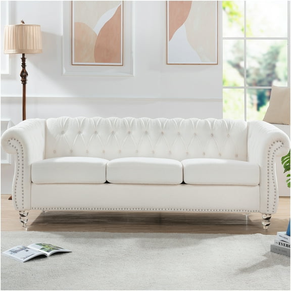 JERFIT White PU Leather Chesterfield Rolled Arm Sofa for Living Room, 3-Seater Couch with Pocket Springs and Wooden Legs