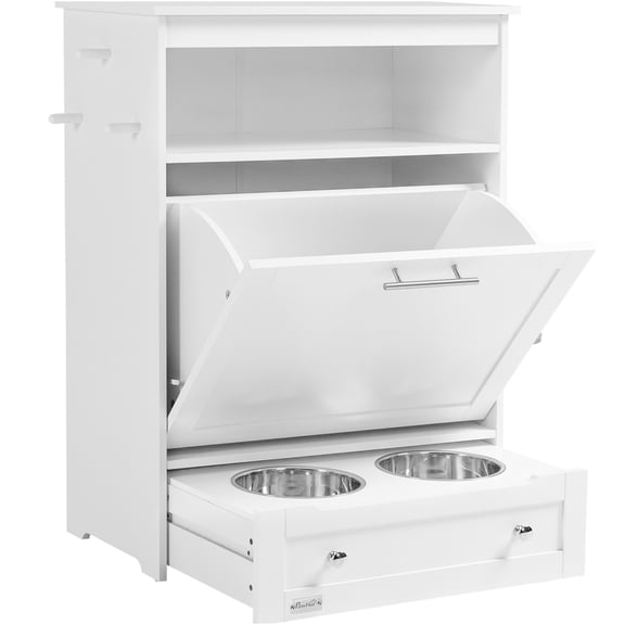 JERFIT White Pet Feeding Station Cabinet with Pull-Out Bowls, Storage Shelves & Hooks, MDF Dog Food Organizer End Table for Living Room