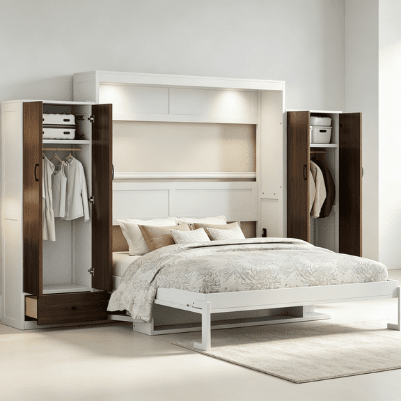 JERFIT White Queen Murphy Bed Wall Bed with Built-in Closet, Desk, and Drawers, Space-Saving Foldable Cabinet Bed for Guest Room, Home Office